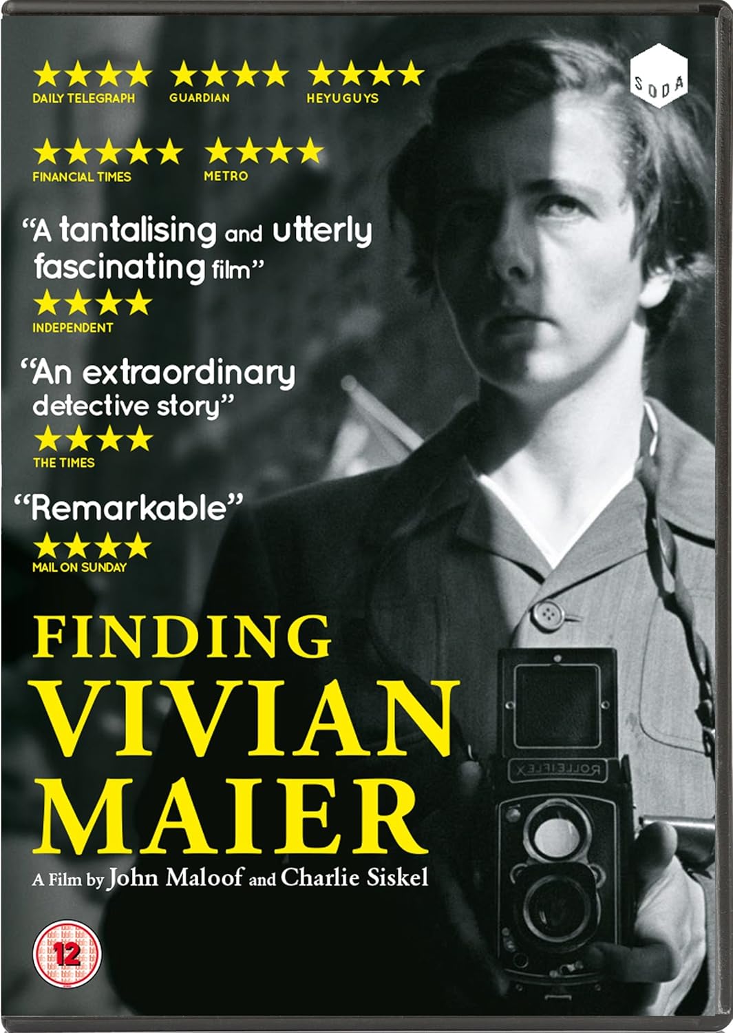 Movie poster for "Finding Viviane Maier" featuring a vintage black and white image of a woman with a short haircut and a vintage camera around her neck. 