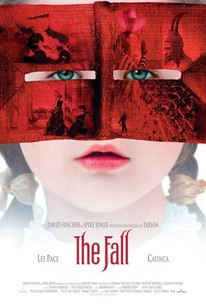 Movie poster for "The Fall" featuring a pigtailed girl looking through a red mask with scenes overlayed into it.