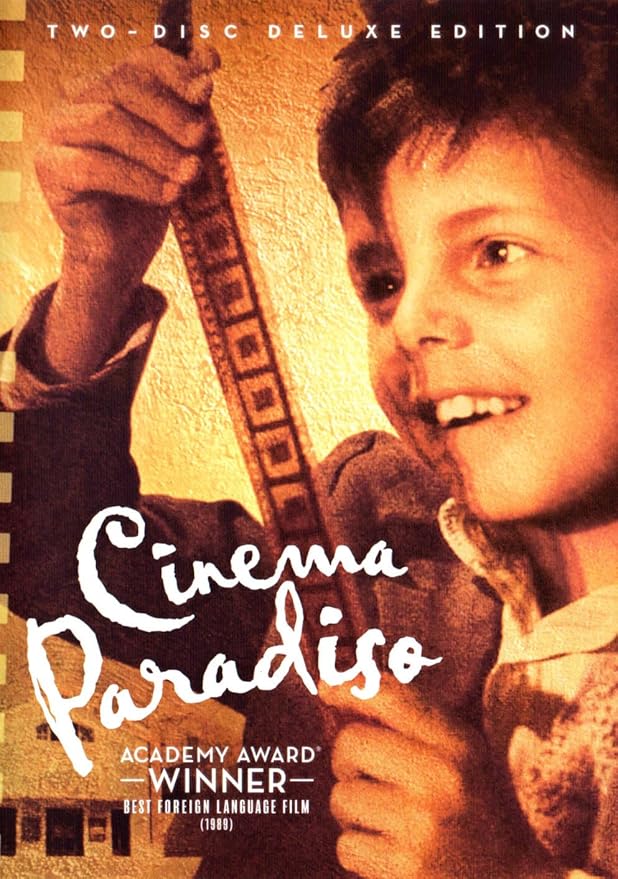 Movie poster for "Cinema Paradiso" featuring a sepia image of a little boy looking at a developed roll of film joyously.