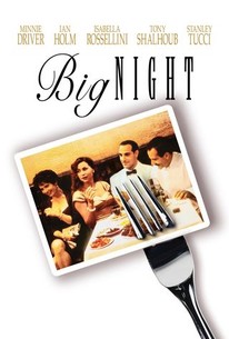 Movie poster of "Big Night" featuring a printed picture of four people at a dining table, pierced by a large fork