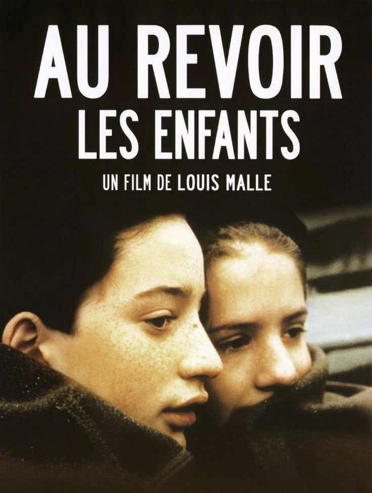 Movie poster for "Au Revoir Les Enfants" featuring two girls in coats whispering to each other and looking of screen.