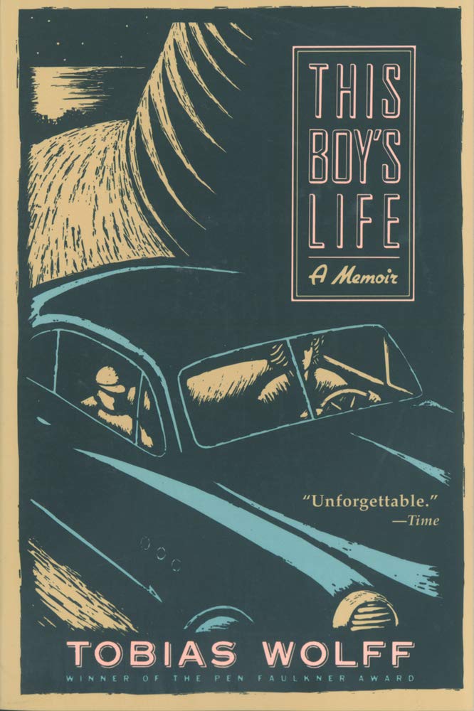 Book cover for "This Boy's Life" featuring a block print of two men driving a vintage car down a road.