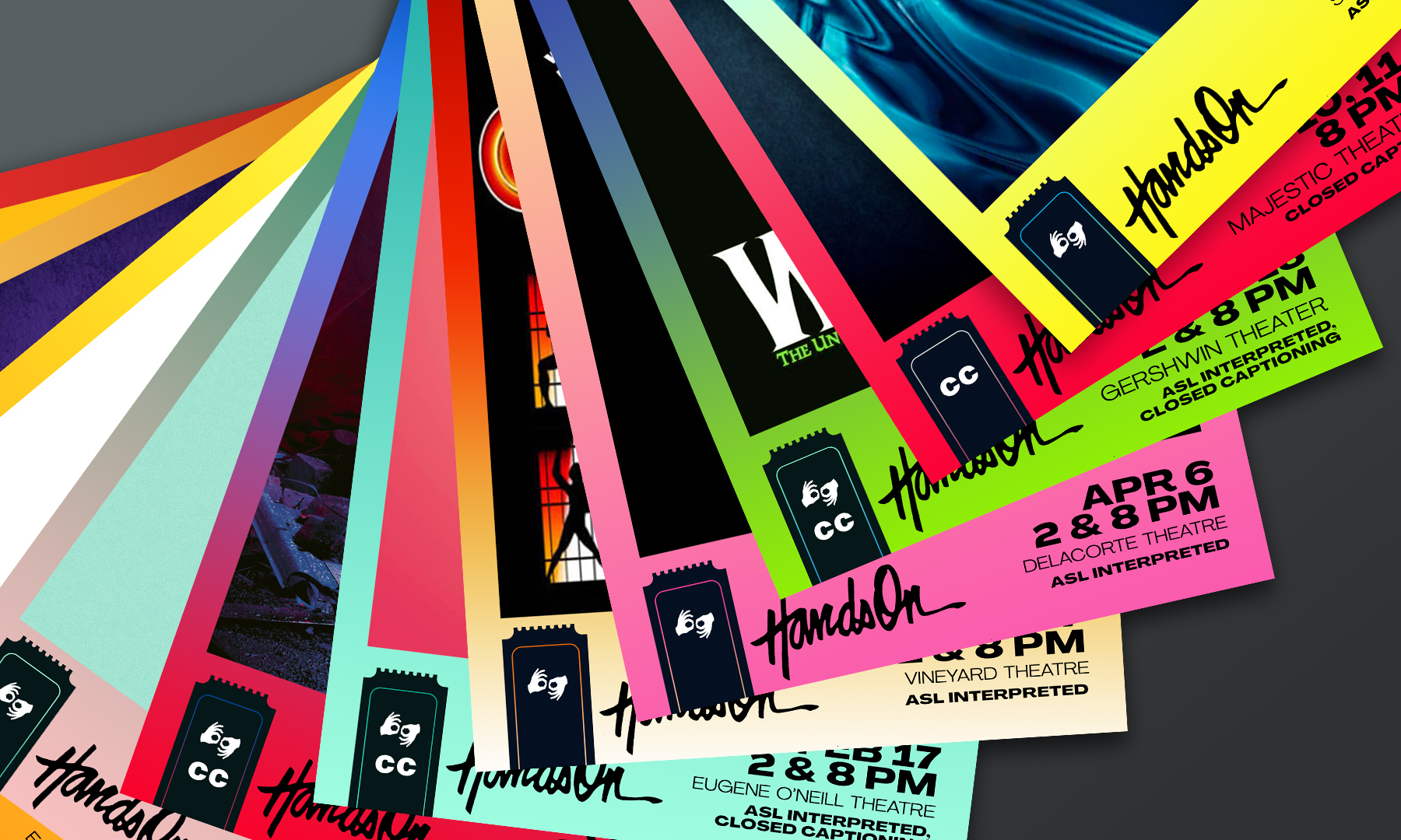 This is an image of a selection of posters that TALISMAN designed for Hands On. Each poster features a different musical that the theater has put on, and the border of each poster features a different, bright color.