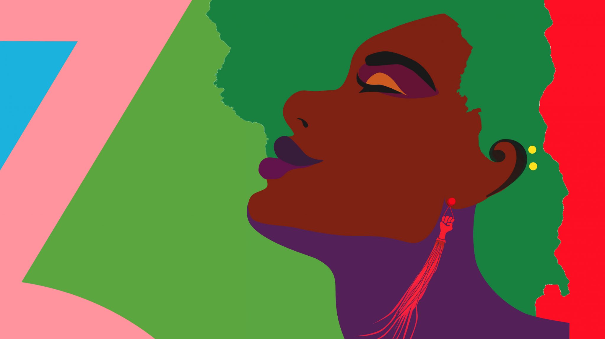 This is an illustrated (in flat style) of a black woman with green hair next to part of an enlarged "3". The image is one of the illustrations Jacob created for the 30th anniversary of the Everyman Theater Company.