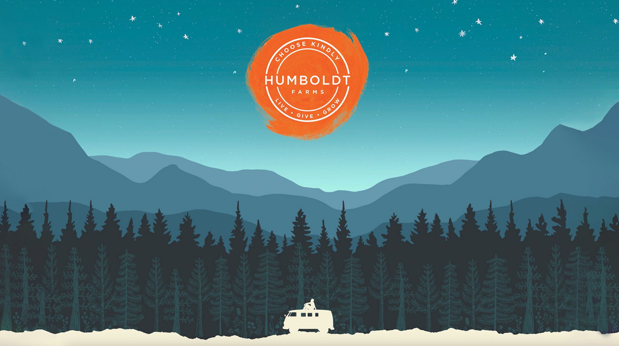 This is an illustrated image featuring a natural vista of a forest and mountain range against the starry night sky. There's an RV in the foreground and the crest logo for Humboldt Farms stamped into the sky in bright orange.