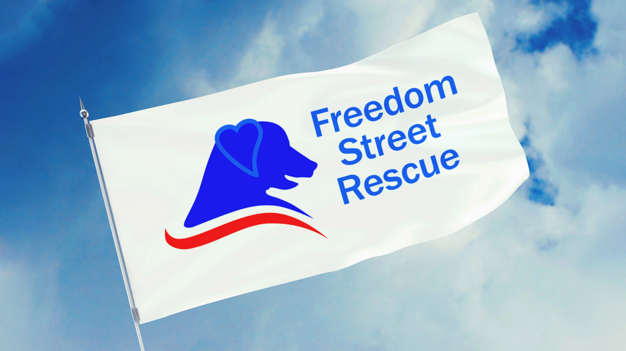 This is an image of a flag against a blue sky. The flag is white and features both the symbol and wordmark for Freedom Street Rescue.