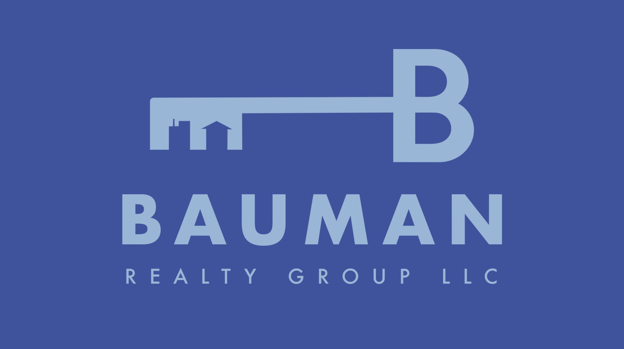 This is an image of the Bauman Realty Group logo and logomark set against a blue background.