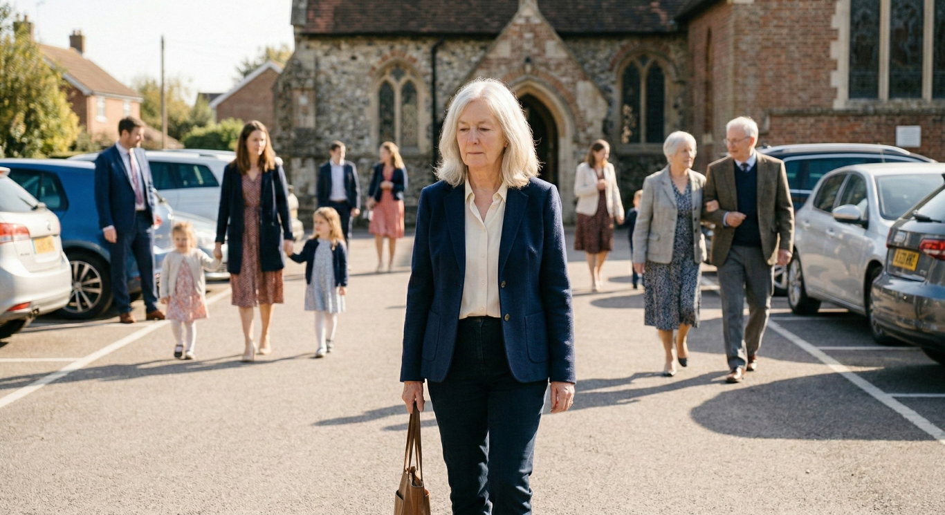Elderly woman walking out of church alone