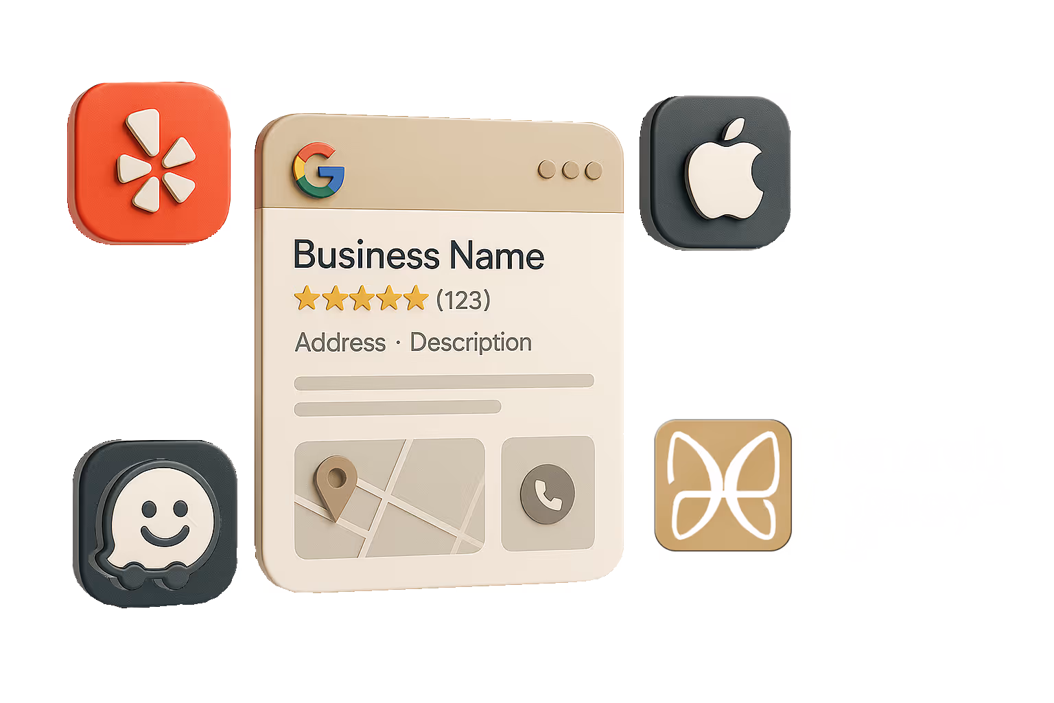illustration référencement locale SEO avec une fiche google mu business et le logo de concurrents comme yelp apple map et waze