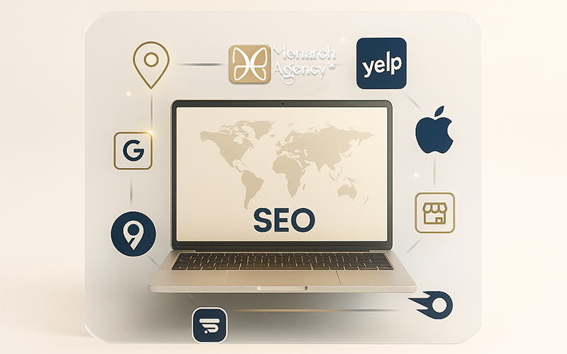 Illustration SEO international pour Monarch Agency, montrant un ordinateur portable avec outils de référencement, optimisation multilingue et stratégie digitale globale pour performance internationale