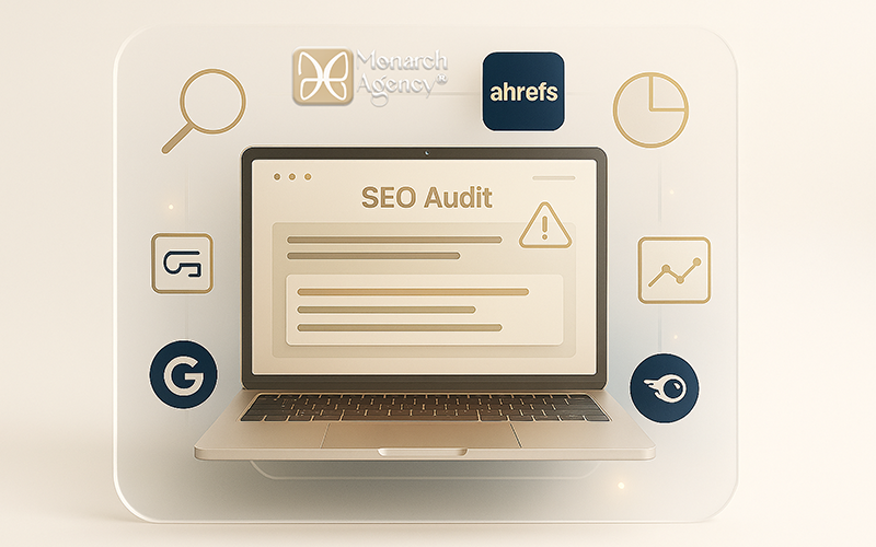 Illustration audit SEO approfondi Monarch Agency : ordinateur portable, rapport d’analyse technique et contenu, optimisation référencement naturel Google, performance web et stratégie digitale personnalisée