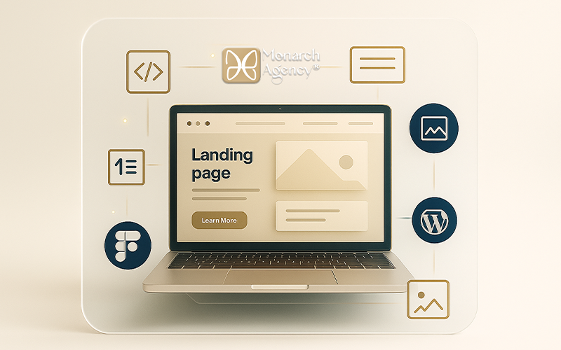 Illustration landing page Monarch Agency, mise en avant de solution digitale sur-mesure, création de site web optimisé pour la conversion et le référencement naturel Google