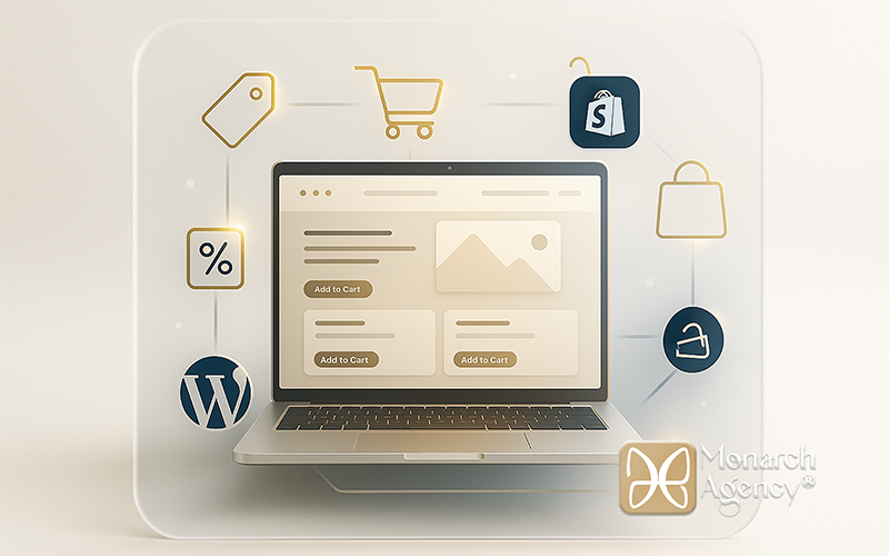 Illustration création site e-commerce Monarch Agency, montrant ordinateur avec interface boutique en ligne, design UX/UI performant, optimisation SEO et parcours client fluide pour augmenter ventes en ligne