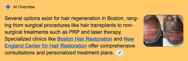 Google AI Overview highlighting hair regeneration options in Boston and citing Boston Hair Restoration, with before-and-after image on the right.