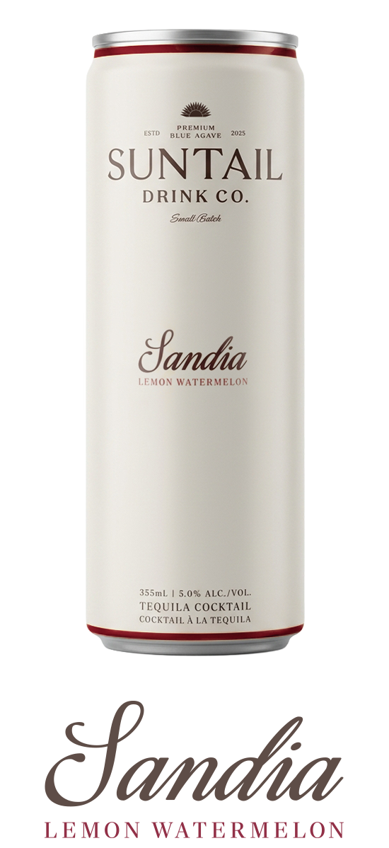 Hand holding a white Suntail Drink Co. Sandia lemon watermelon tequila cocktail can against a beige background.