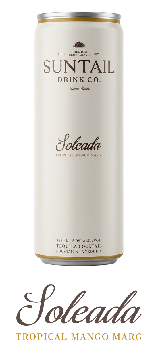 Close-up of a hand holding two Suntail Drink Co. cans, one labeled Citron Lemon Lime Marg, against a black jacket background.