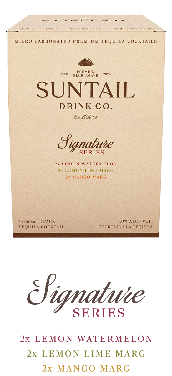 Close-up of a hand holding two Suntail Drink Co. cans, one labeled Citron Lemon Lime Marg, against a black jacket background.