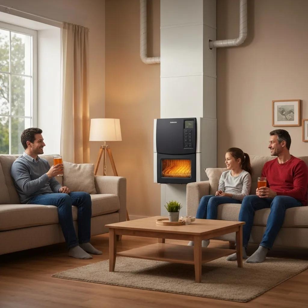 Family enjoying a warm living room with a modern furnace in the background, highlighting the importance of heating