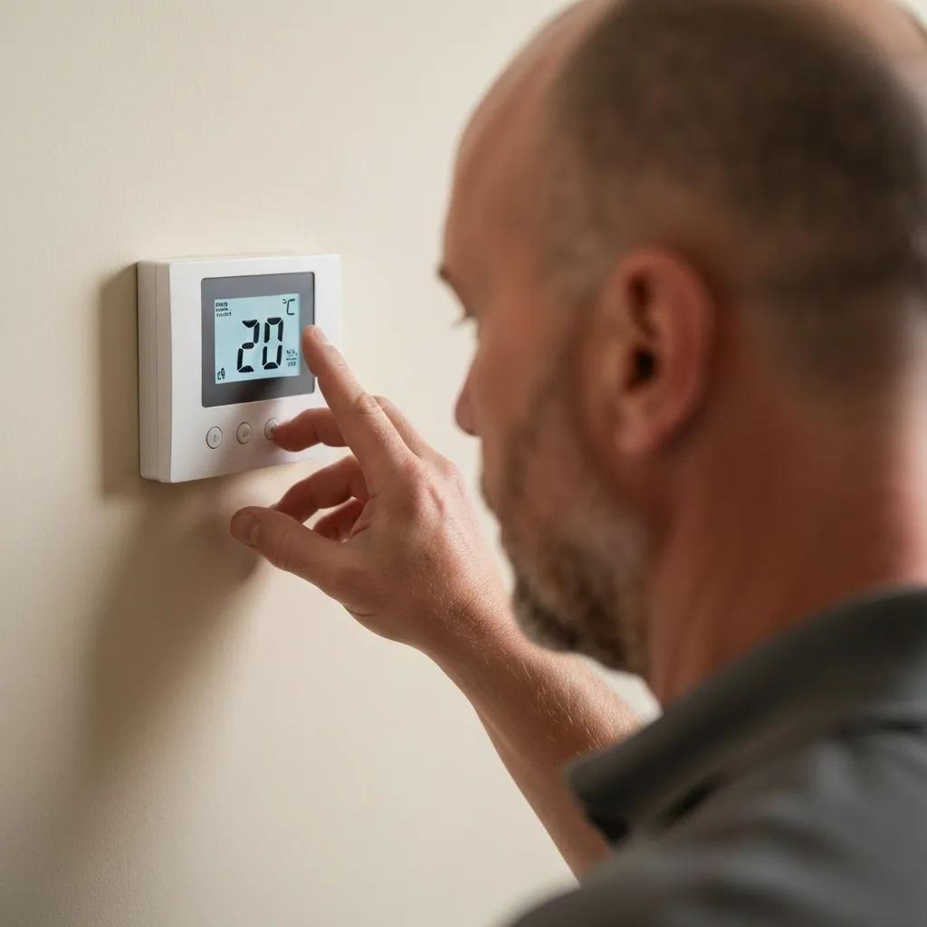 Person adjusting a digital thermostat, emphasizing the importance of correct settings for furnace heating