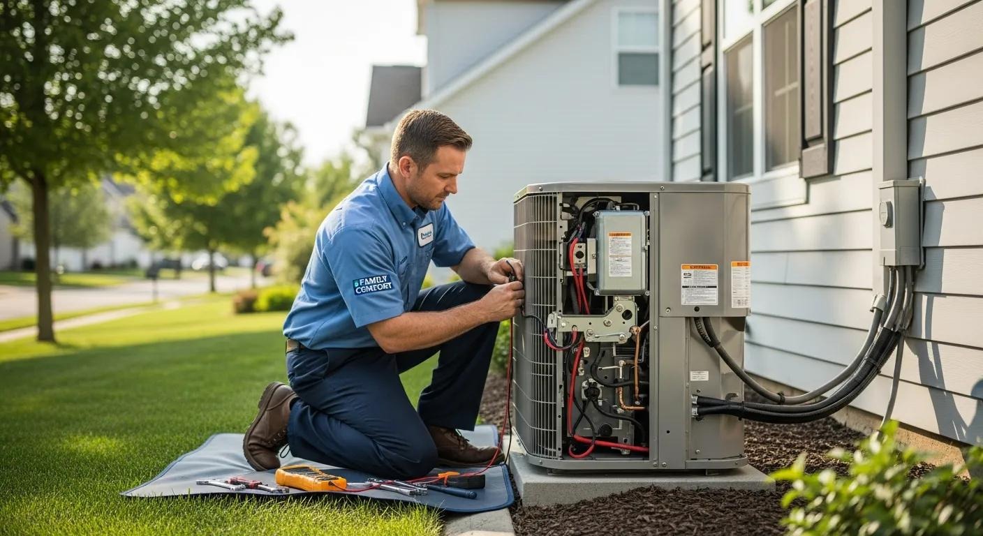 Family Comfort technician servicing a home air conditioner