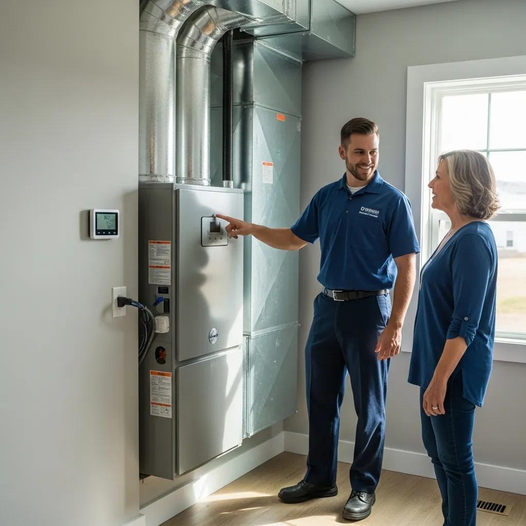Technician explaining energy-efficient HVAC system benefits to a homeowner