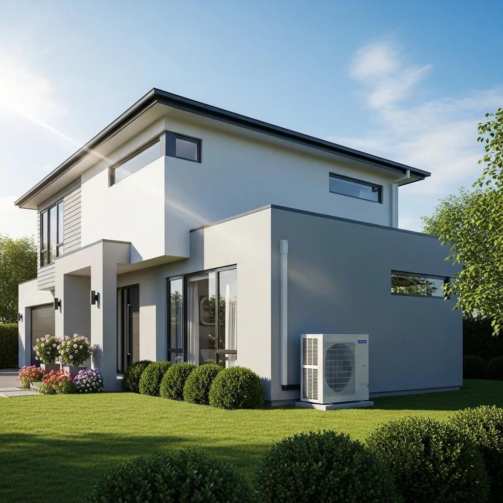Modern home with air conditioning unit highlighting energy efficiency and comfort