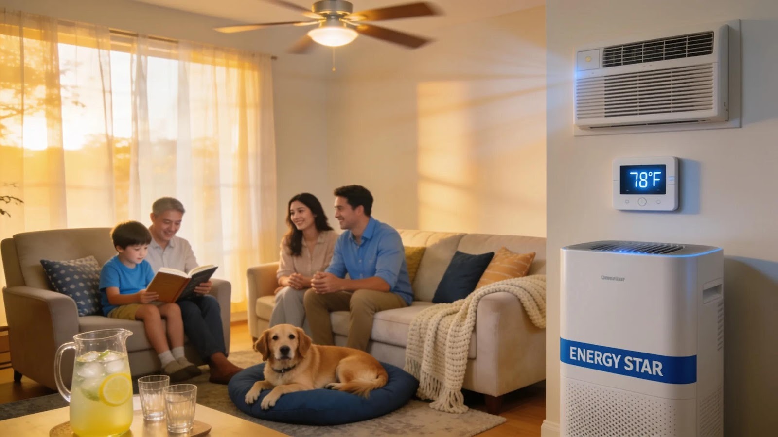 Cozy living room showcasing energy-saving tips with visible thermostat settings