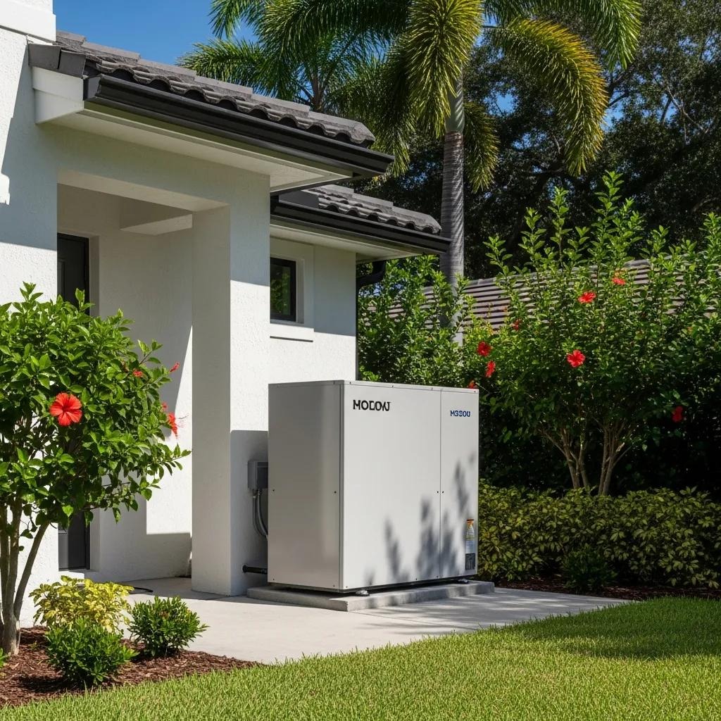 Modern heat pump system installed outside a Florida home, highlighting energy efficiency and eco-friendliness