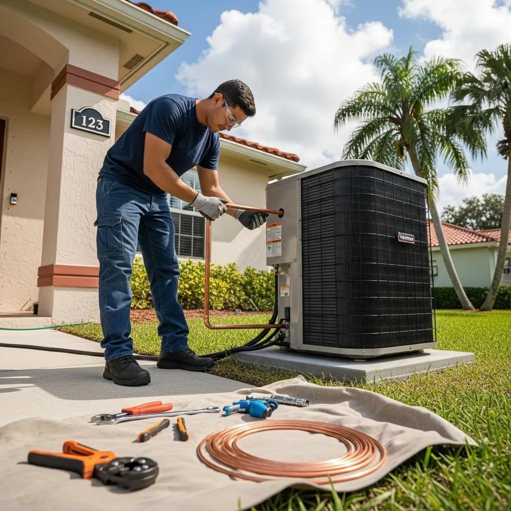 Technician installing a heat pump in a residential setting, emphasizing the installation process and quality workmanship