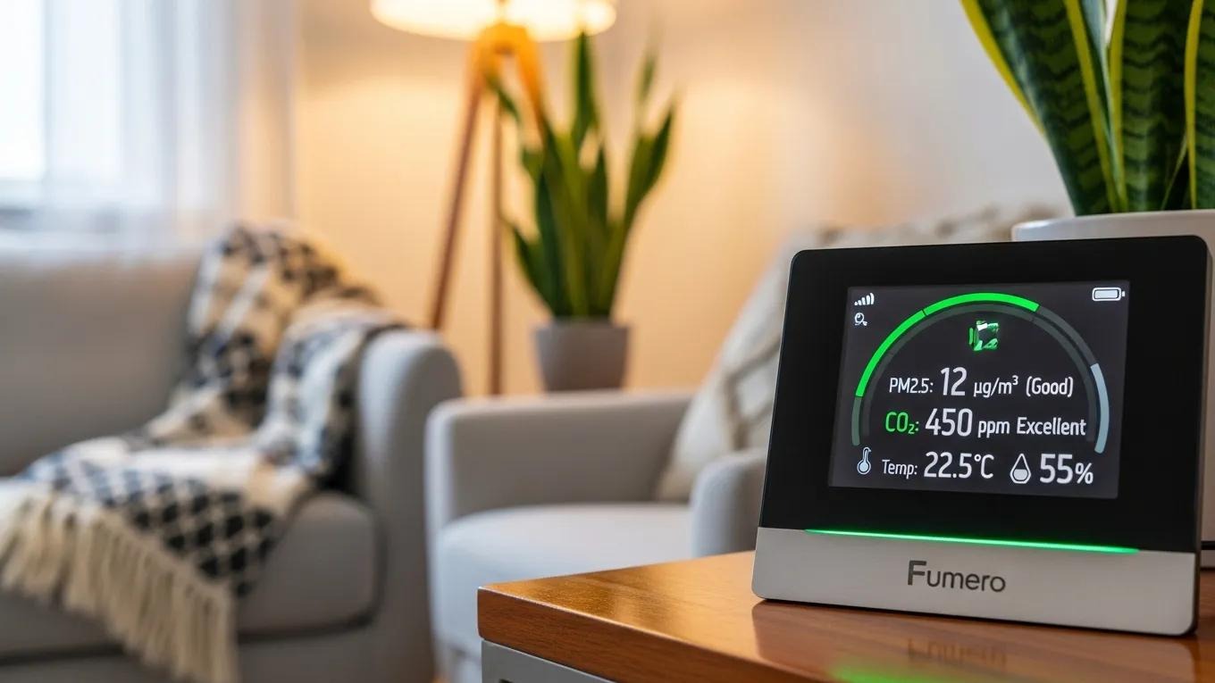 Indoor air quality monitoring device in a modern home, highlighting air quality testing