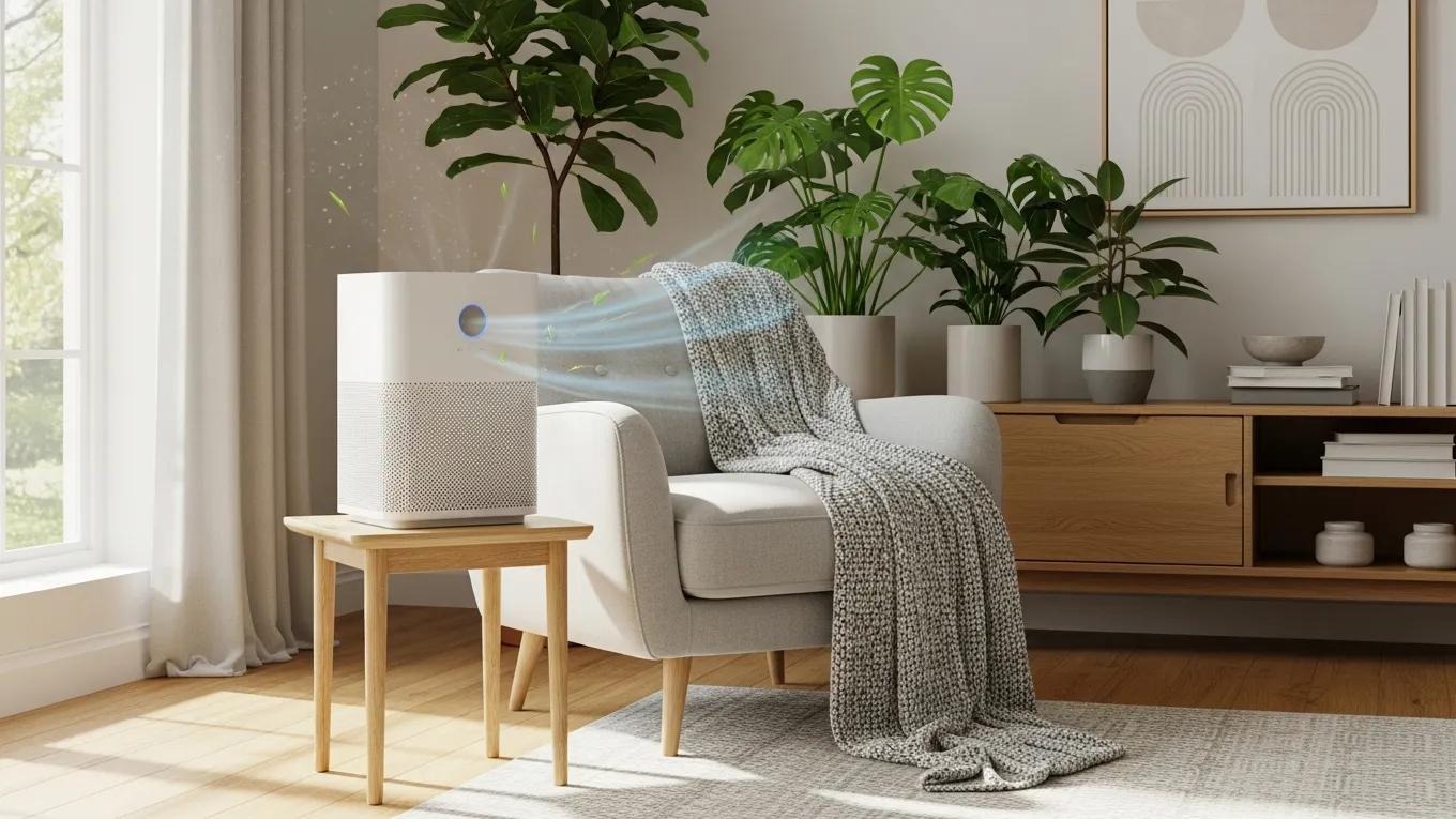 Modern air purifier in a bright living room emphasizing health and comfort