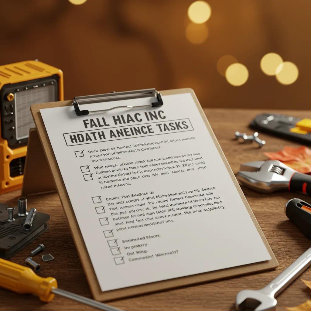 A fall HVAC maintenance checklist on a clipboard, surrounded by tools, in a warm autumn setting