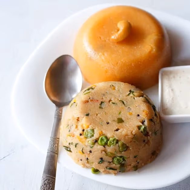 Combo dish which has both Khara Bath and Pineapple Kesari Bath.