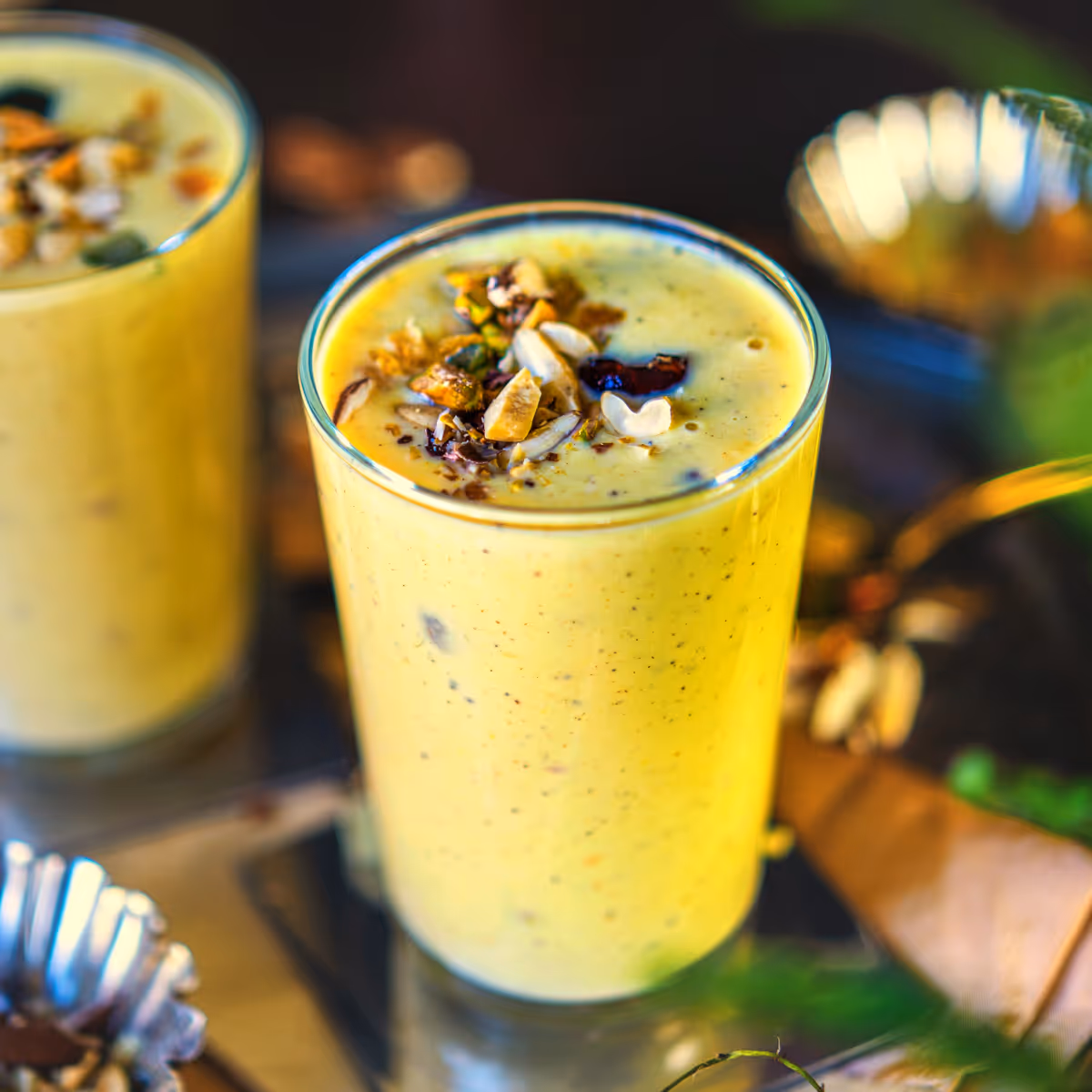 Indian milk beverage flavored with ground almonds, cardamom & saffron.