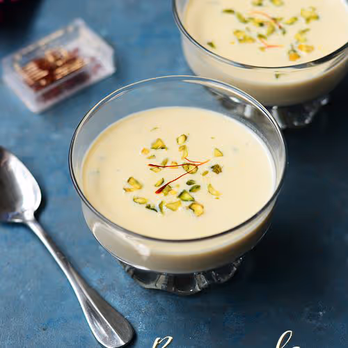 Basundi is a Western-Indian dessert made with full-fat milk, sugar, saffron, nuts and cardamom powder, served chilled.