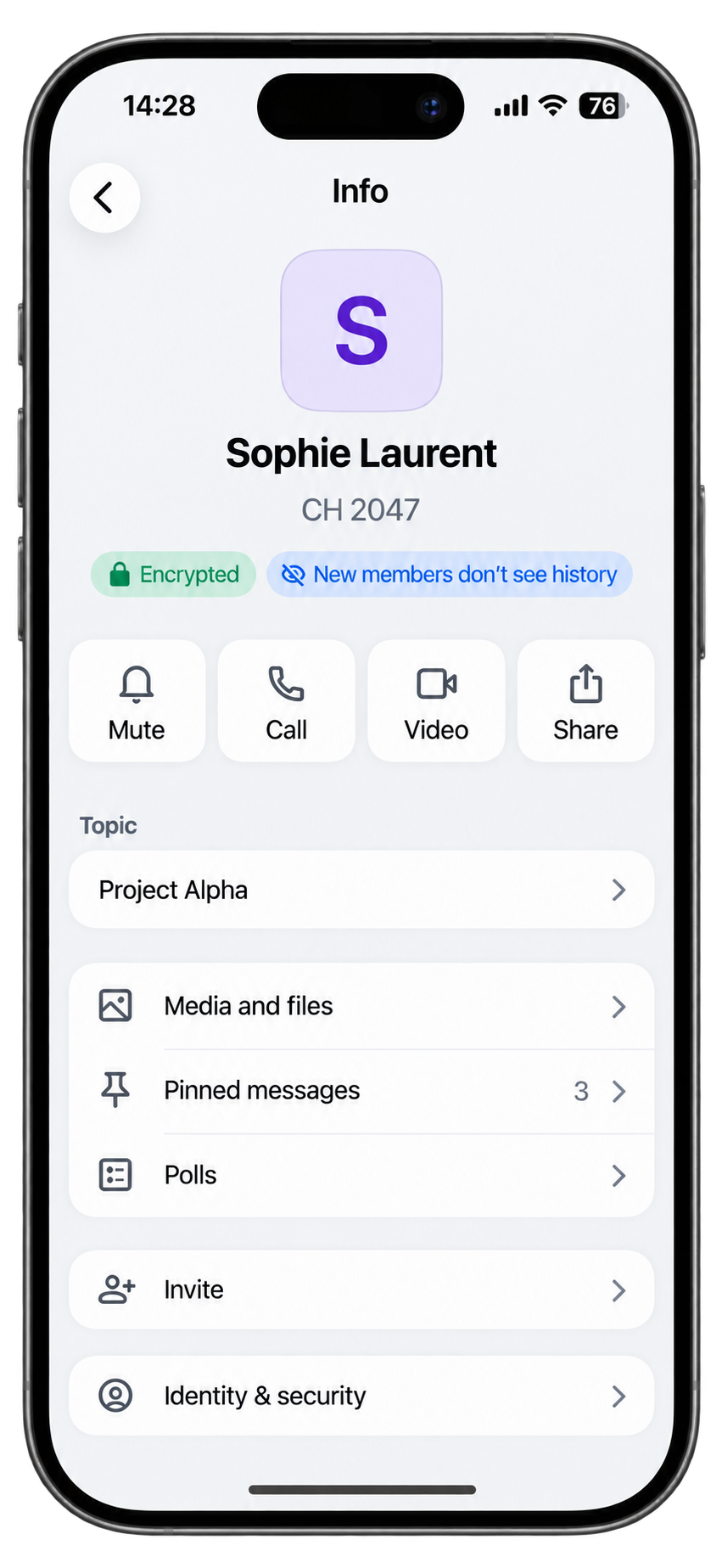 Letro contact info screen showing Sophie Laurent with PostNumber CH 2047 and an Encrypted badge