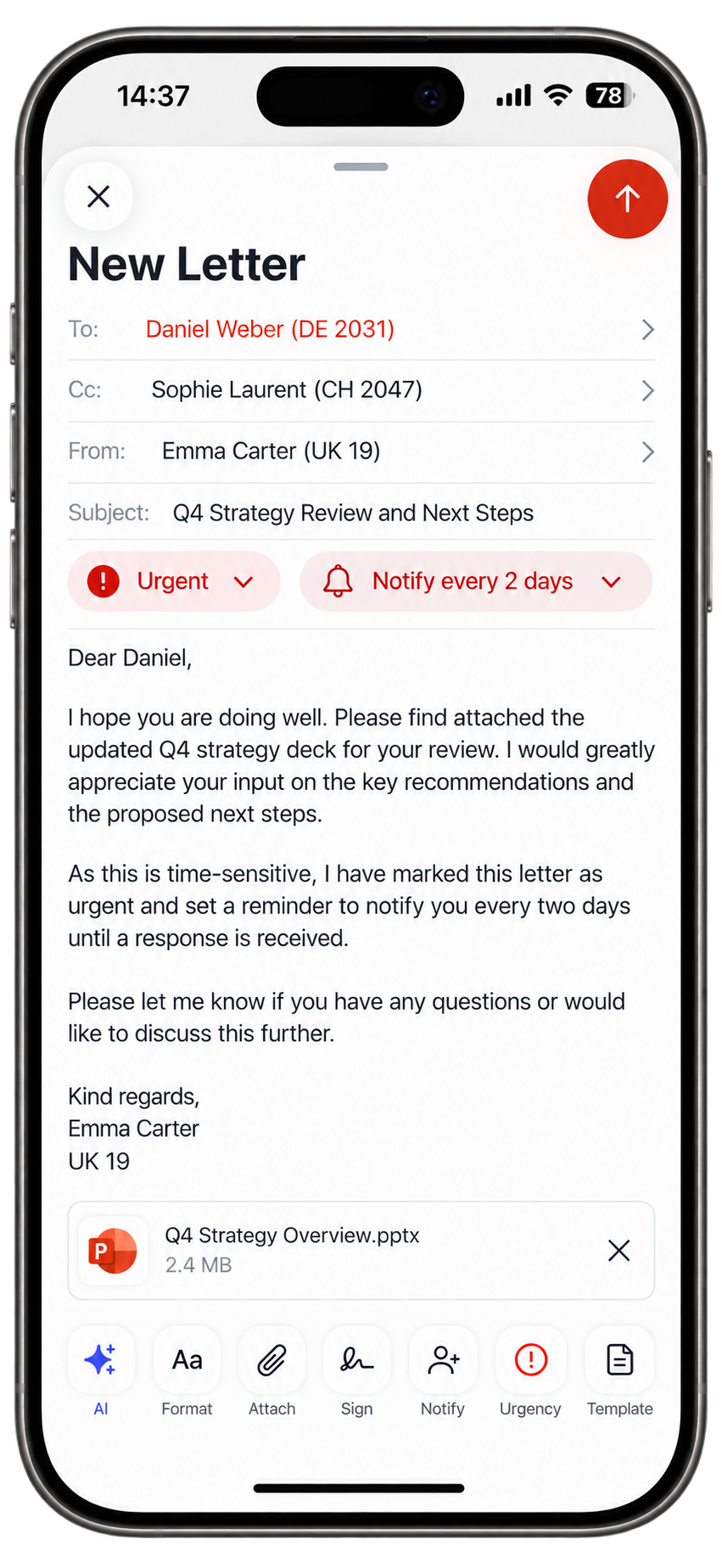 Letro letter composer on iPhone: recipient Daniel Weber (DE 2031), subject, urgent flag, reminder every 2 days and an attached presentation