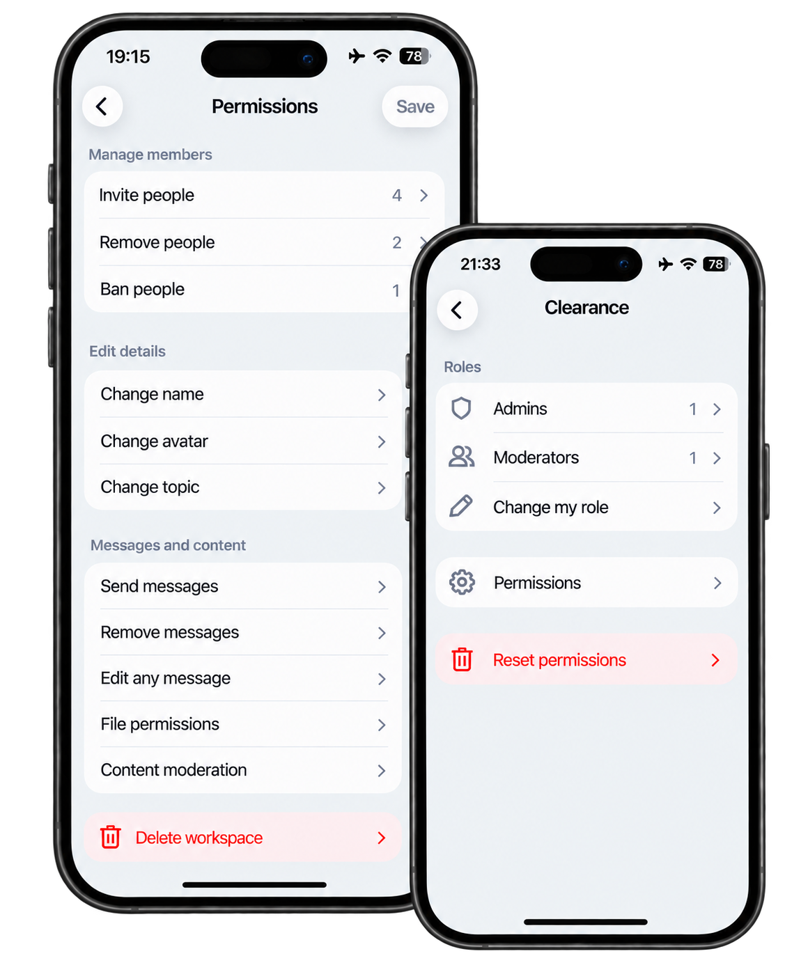 Letro workspace permissions and roles screens: who may invite, remove, edit or moderate, with Admin and Moderator roles