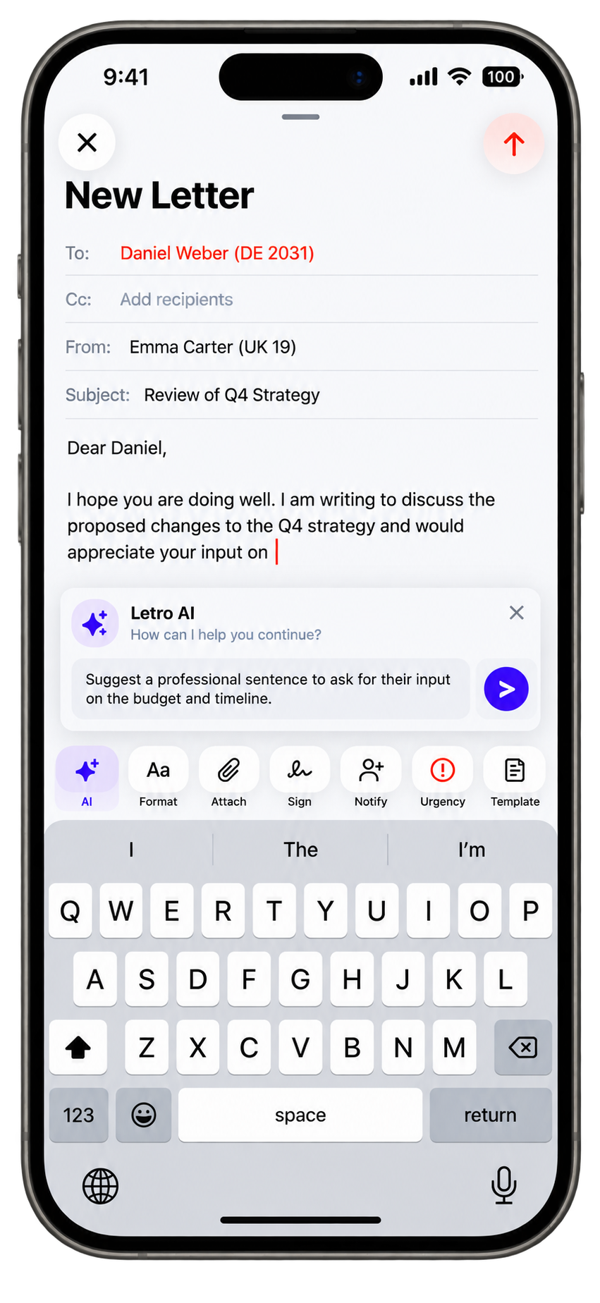 Letro AI suggesting the next sentence while a letter is being drafted on iPhone