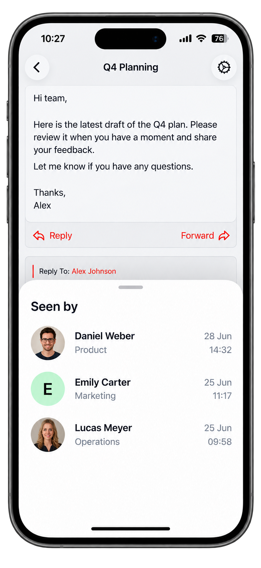 Letro read record for a letter: seen by three named people with date and time for each