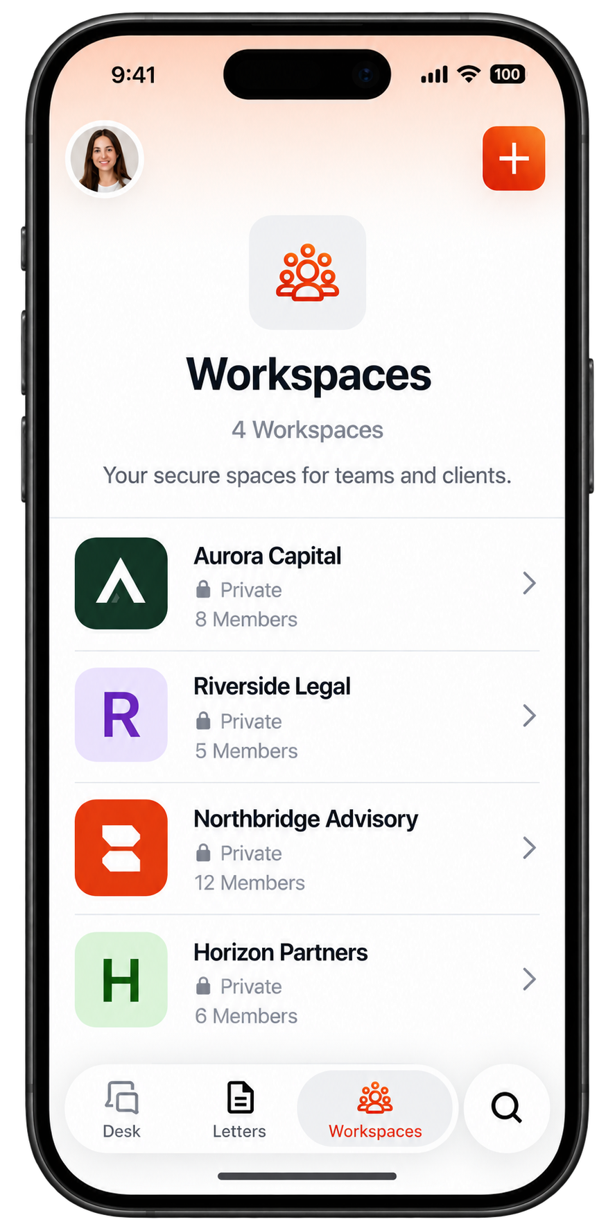 Letro Workspaces list on iPhone showing four private client workspaces with member counts