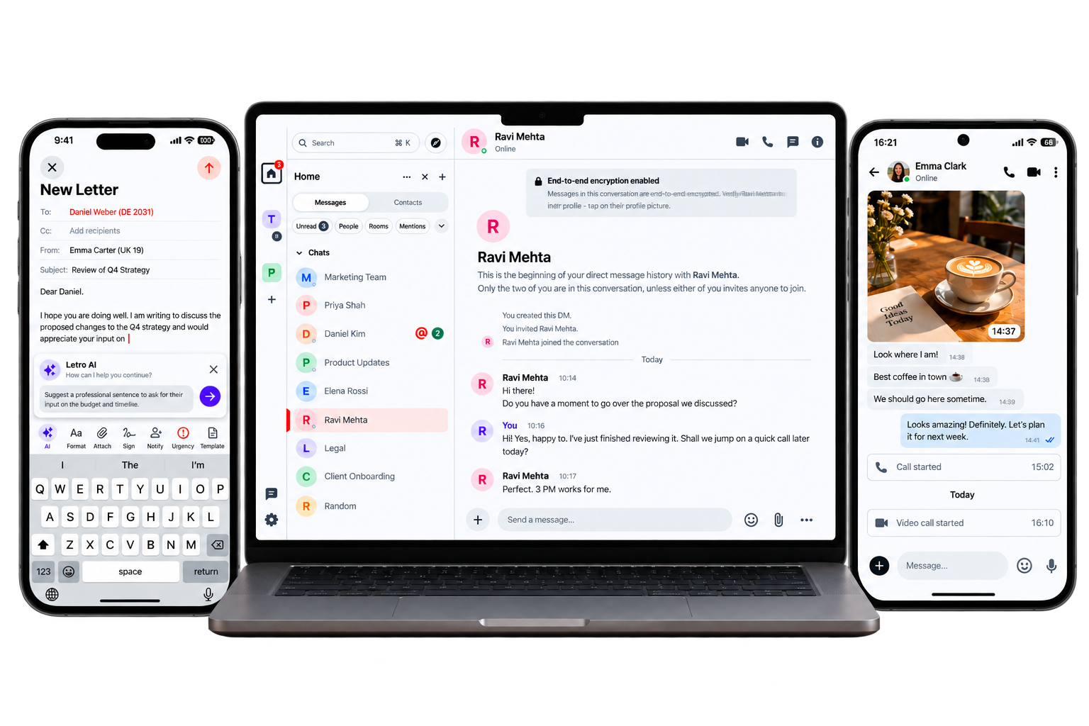 Letro on two phones and a laptop: a letter being drafted, the web app conversation view and a chat with a video call