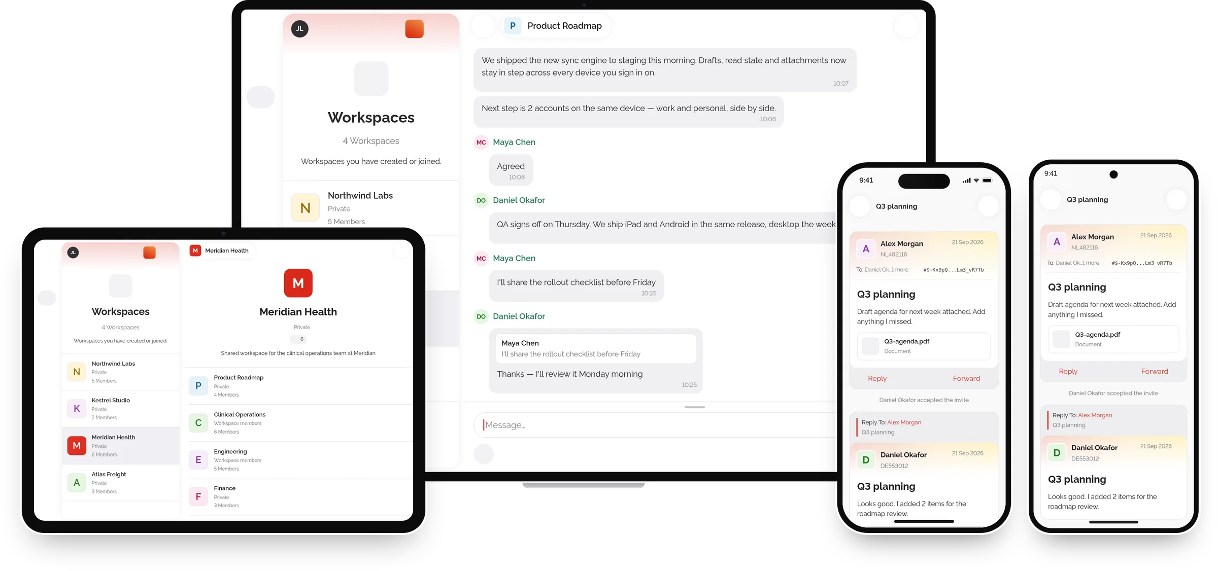 Letro workspaces and a conversation shown on an iPad, in a desktop browser, and on an iPhone and an Android phone