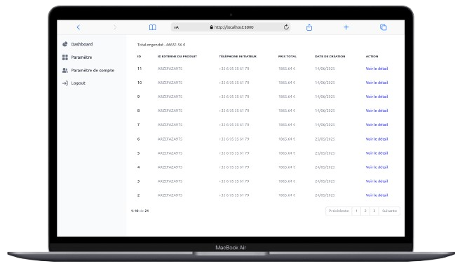 Aperçu du dashboard des session de paiements WokaPay