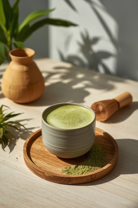 A cup of Matcha ready to drink with whisk