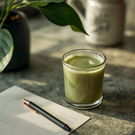A glass of lukewarm matcha next to a blog of paper with pen