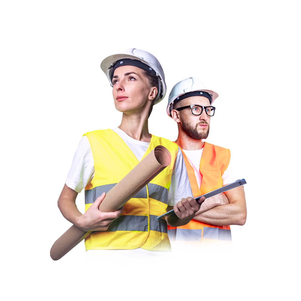 Bauleiterin und Bauleiter mit Helm und Warnweste