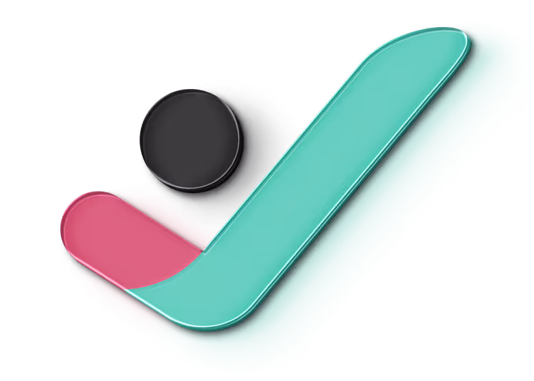 Abstraktes 3D-Design mit einem schwarzen Kreis und zwei überlappenden Haken in Pink und Türkis.