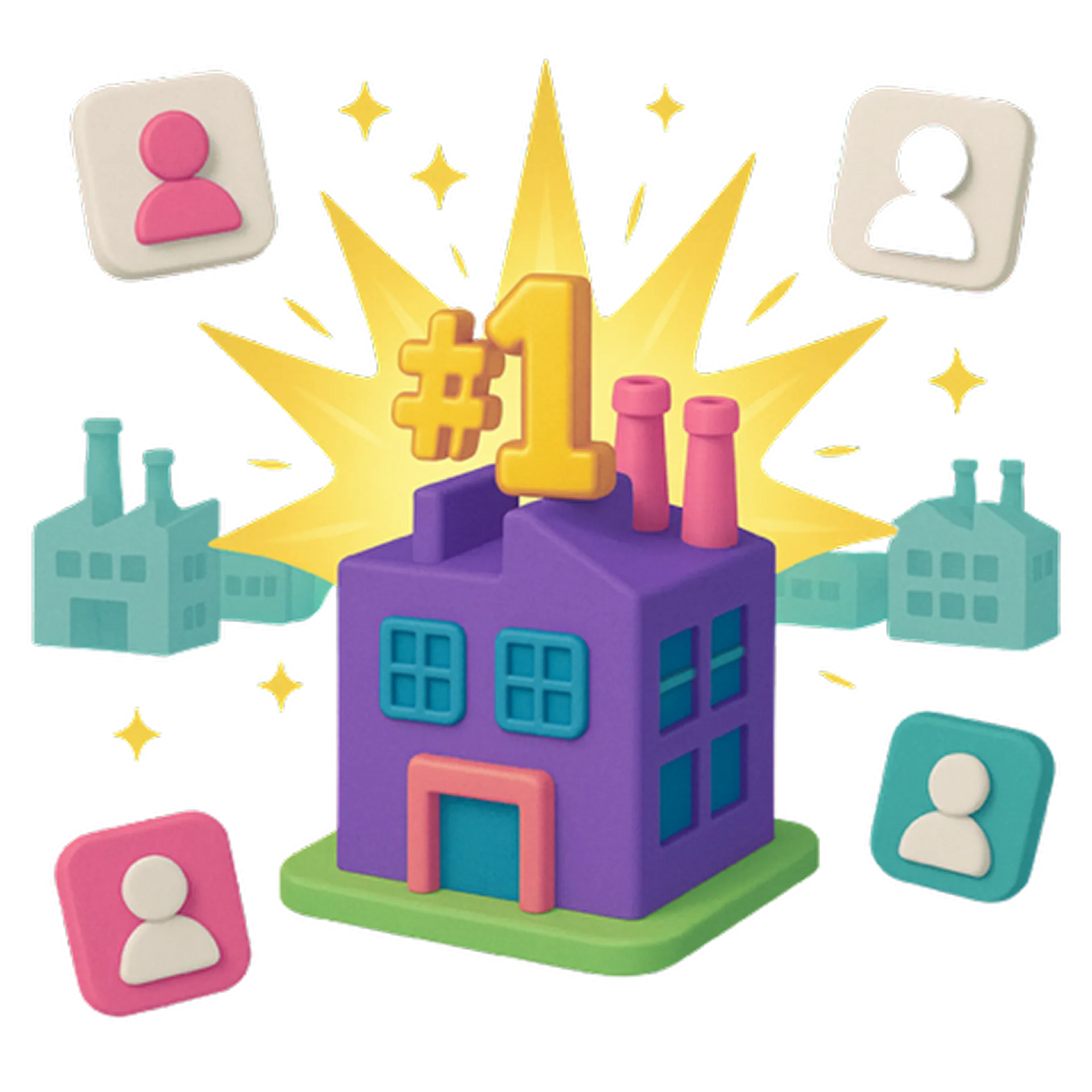 Lila Fabrik mit #1 darüber, umgeben von anderen Fabriken und Benutzer-Icons, mit gelbem Strahlenhintergrund.