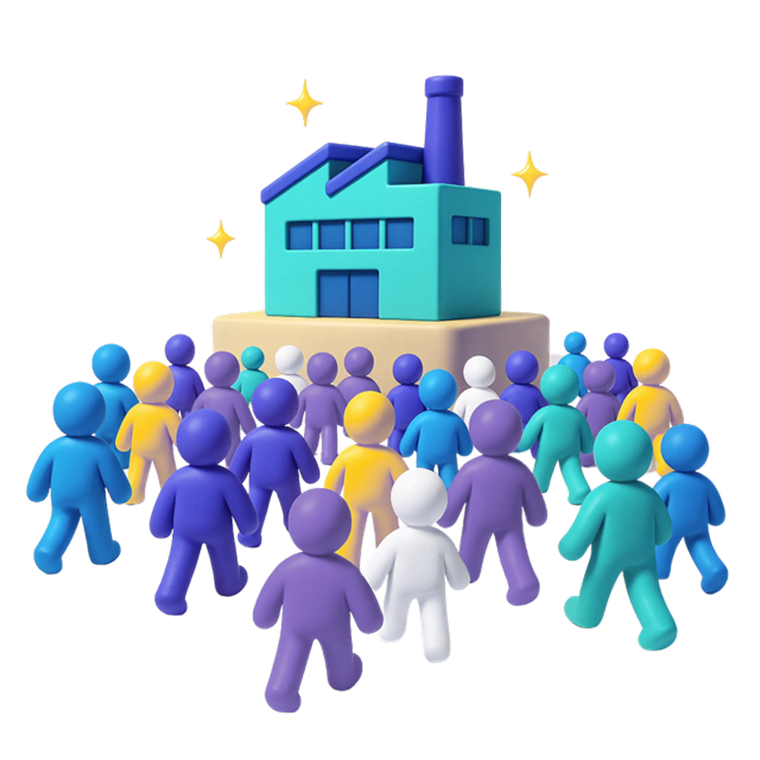 Bunte Cartoon-Figuren gehen auf eine stilisierte Fabrik mit glitzernden Effekten zu.